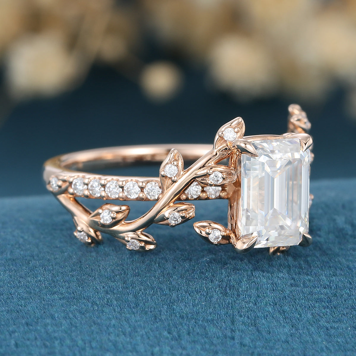 Copy of Nature Inspired Emerald cut Moss Agate Leaf Gold Engagement Ring