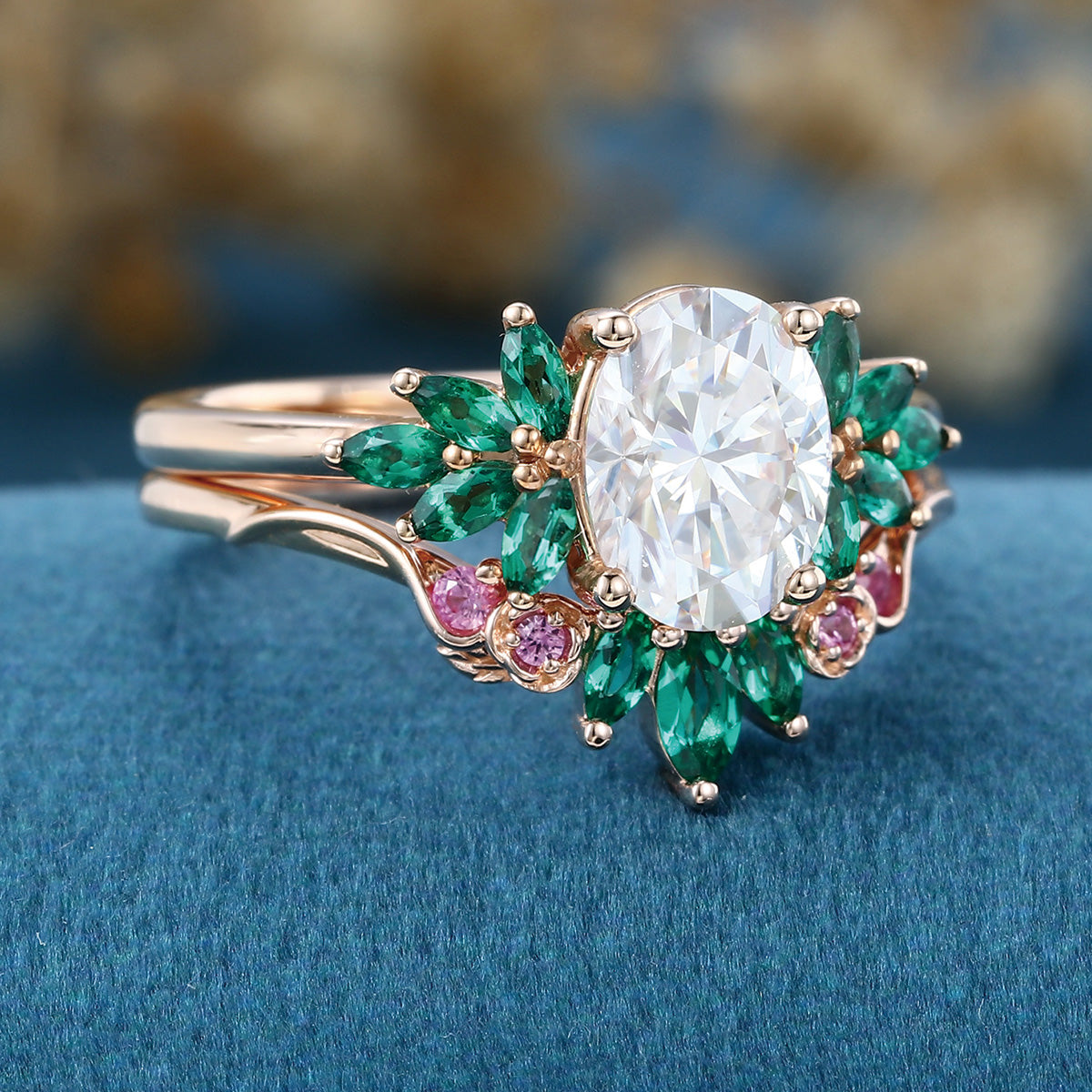 Oval cut Moissanite Matching Diamonds | Lab Grown Emerald |  Natural Pink Sapphires  Rose Gold Wedding Bridal Set