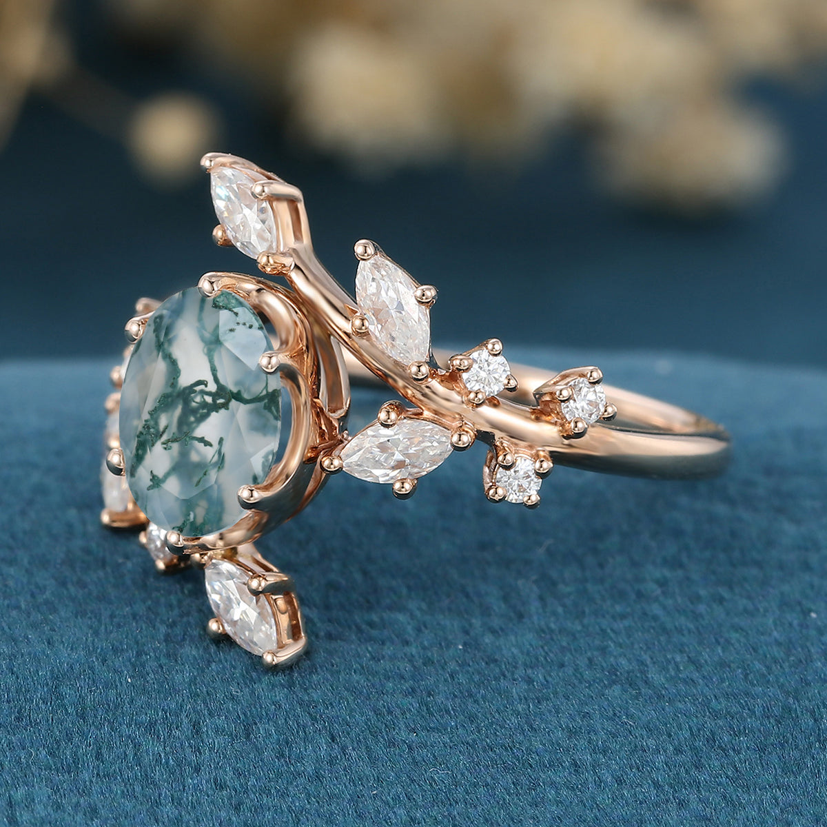 Nature Inspired Oval cut Moss Agate Leaf Gold Engagement Ring