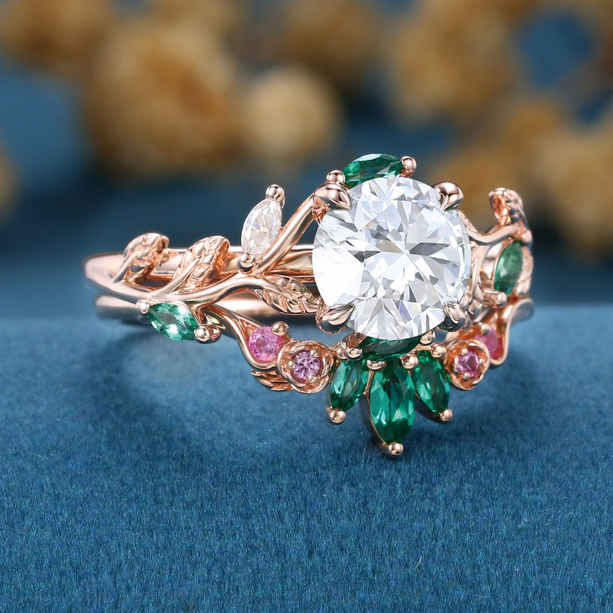 Round cut Moissanite + Pink Sapphire | Lab Emerald Curved Wedding bridal set