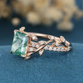 Nature Inspired Emerald cut Moss Agate Leaf Gold Engagement Ring