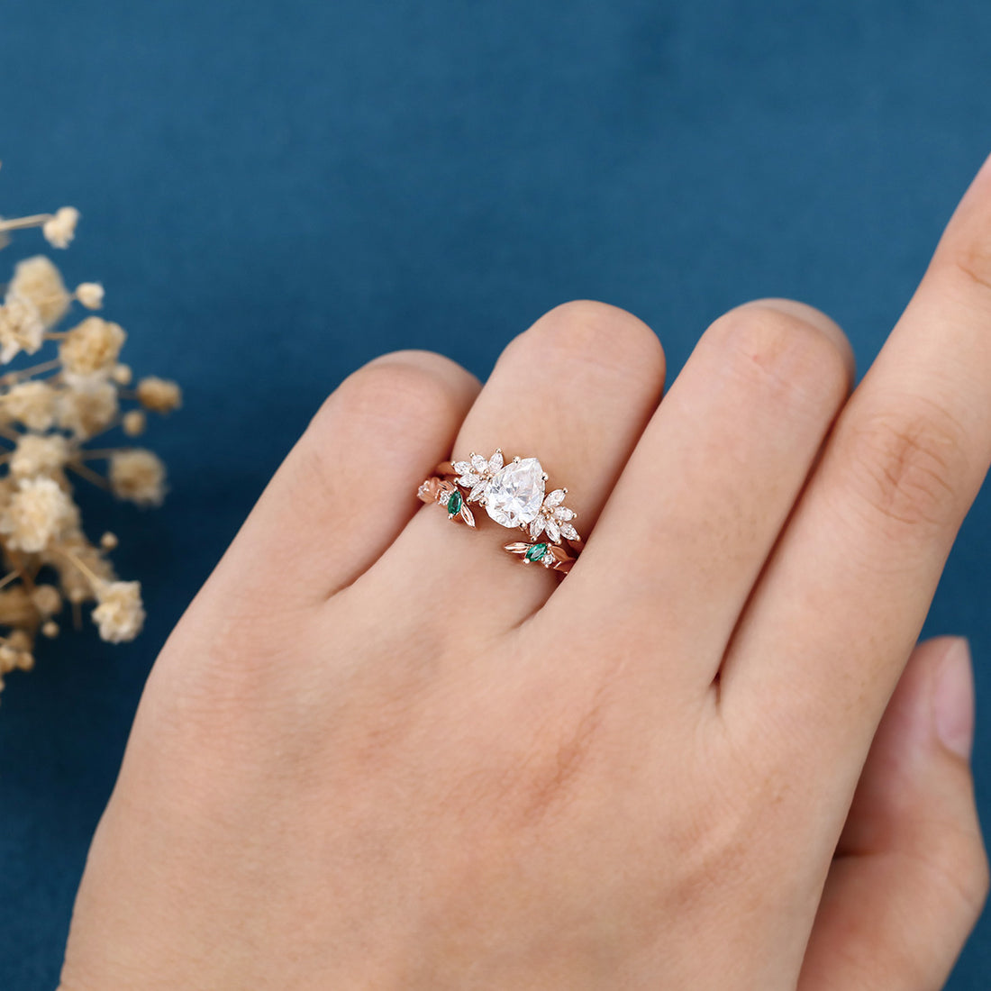 Pear cut Moissanite Matching Diamonds | Lab Grown Emerald Rose Gold Wedding Bridal Set