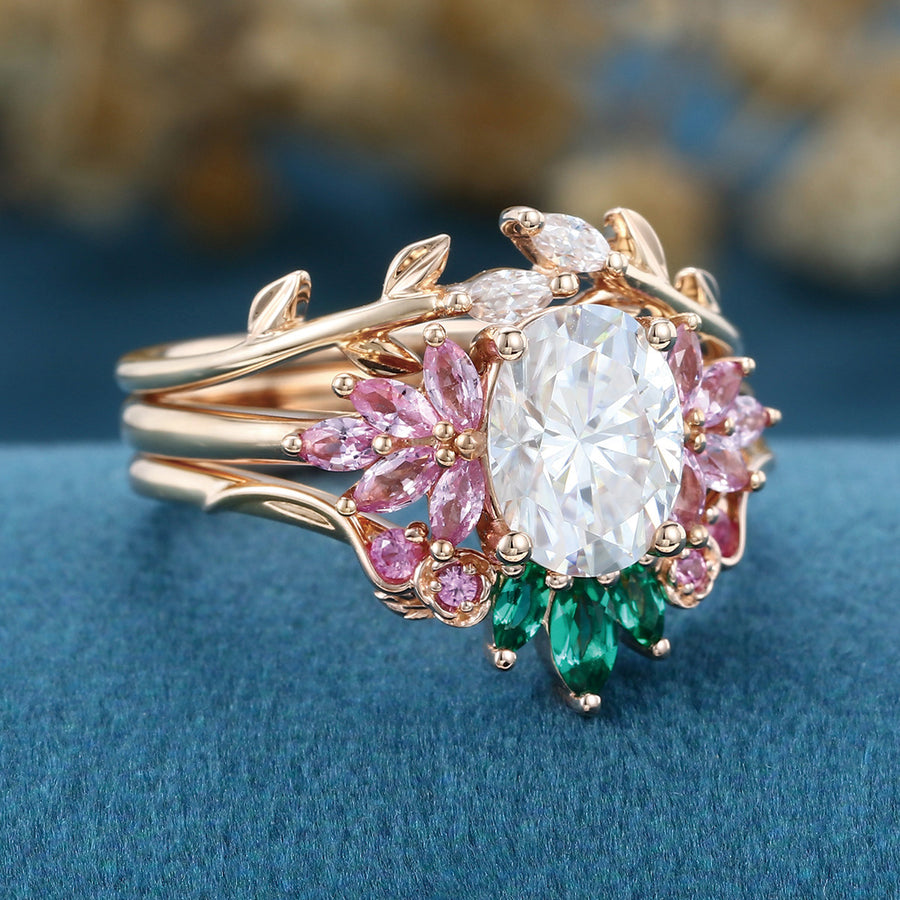 Oval cut Moissanite Matching Diamonds | Lab Grown Emerald |  Natural Pink Sapphires  Rose Gold Wedding Bridal Set