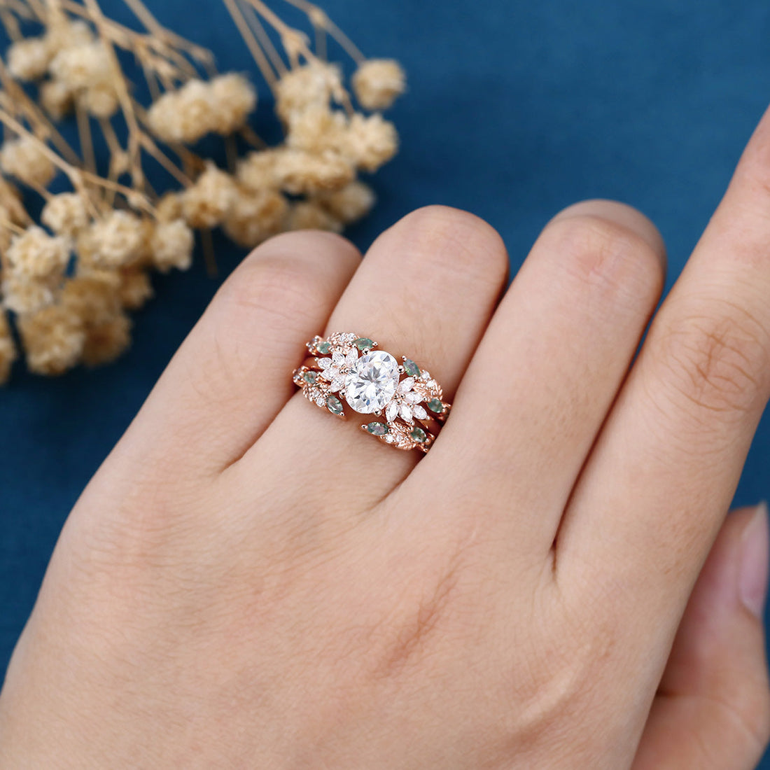 Oval cut Lab Grown Diamond + Moss agate Wedding bridal set