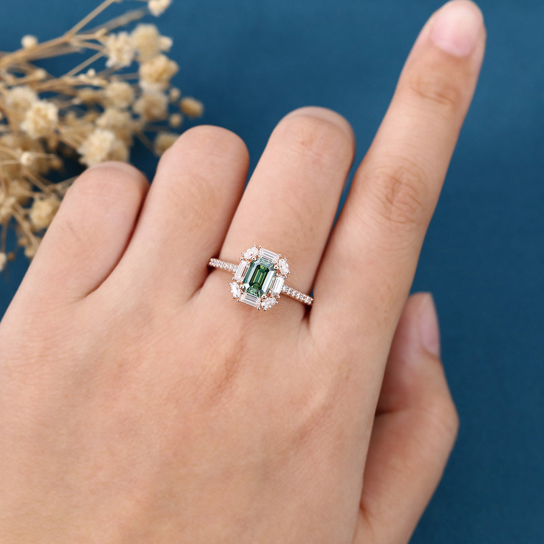 Emerald Cut Green Moissanite Rose Gold Halo Ring Half Eternity Moissanite Engagement Ring