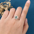 Emerald Cut Green Moissanite Rose Gold Halo Ring Half Eternity Moissanite Engagement Ring