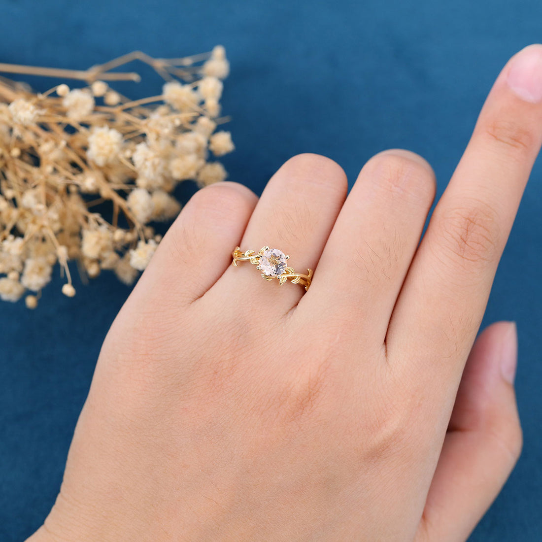 Nature Inspired Round cut Morganite Leaf Gold Engagement Ring