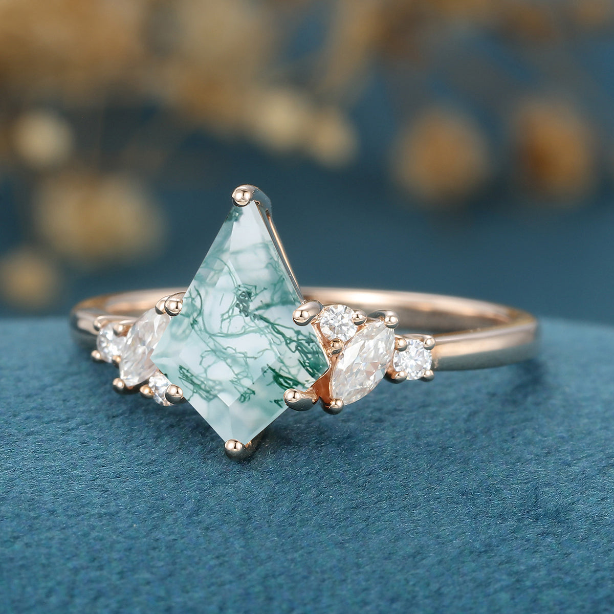 Kite Cut Natural Green Moss Agate Cluster Engagement Ring 