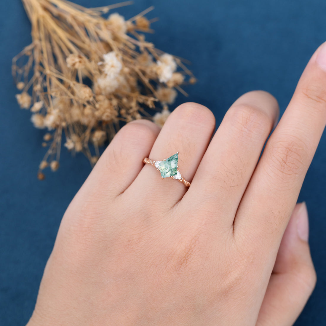 Kite Cut Natural Green Moss Agate Cluster Engagement Ring