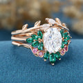 Oval cut Moissanite Matching Diamonds | Lab Grown Emerald |  Natural Pink Sapphires  Rose Gold Wedding Bridal Set