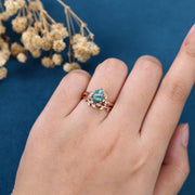 1.2Carat Pear Cut Moss Agate Cluster Engagement ring Bridal Set