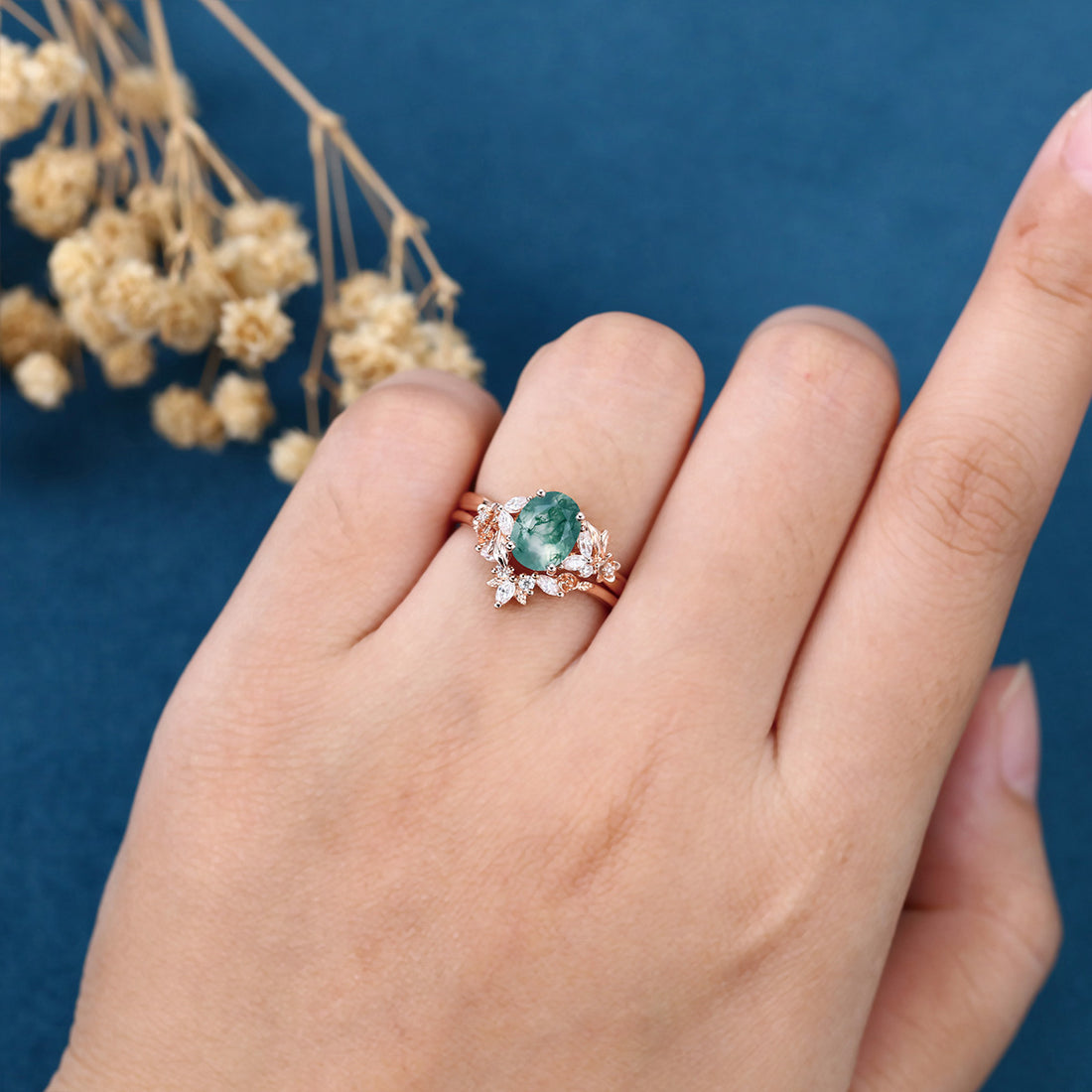 1.2Carat Oval Cut Moss Agate Cluster Engagement ring Bridal Set