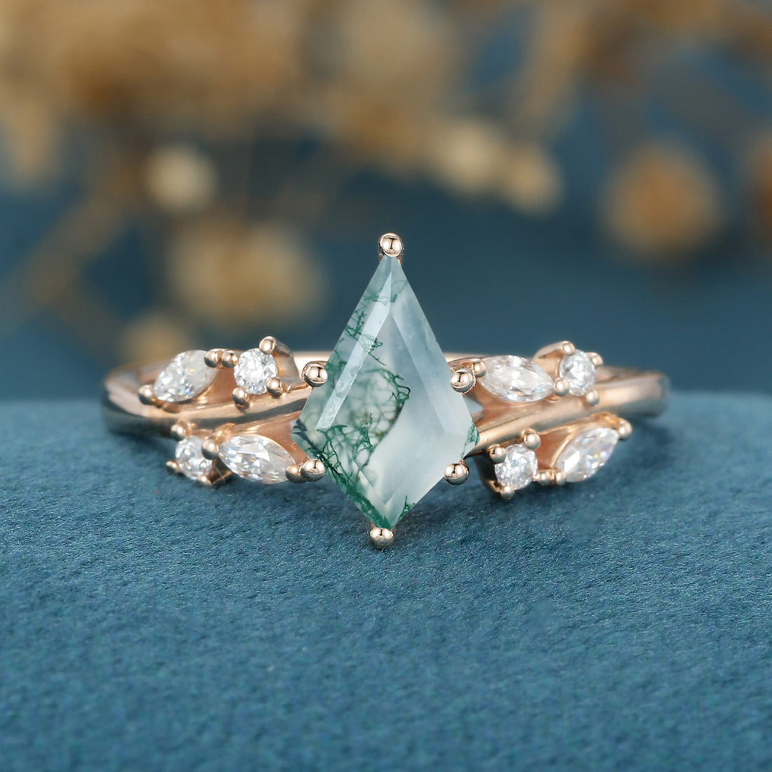 Kite Cut Natural Green Moss Agate Cluster Engagement Ring