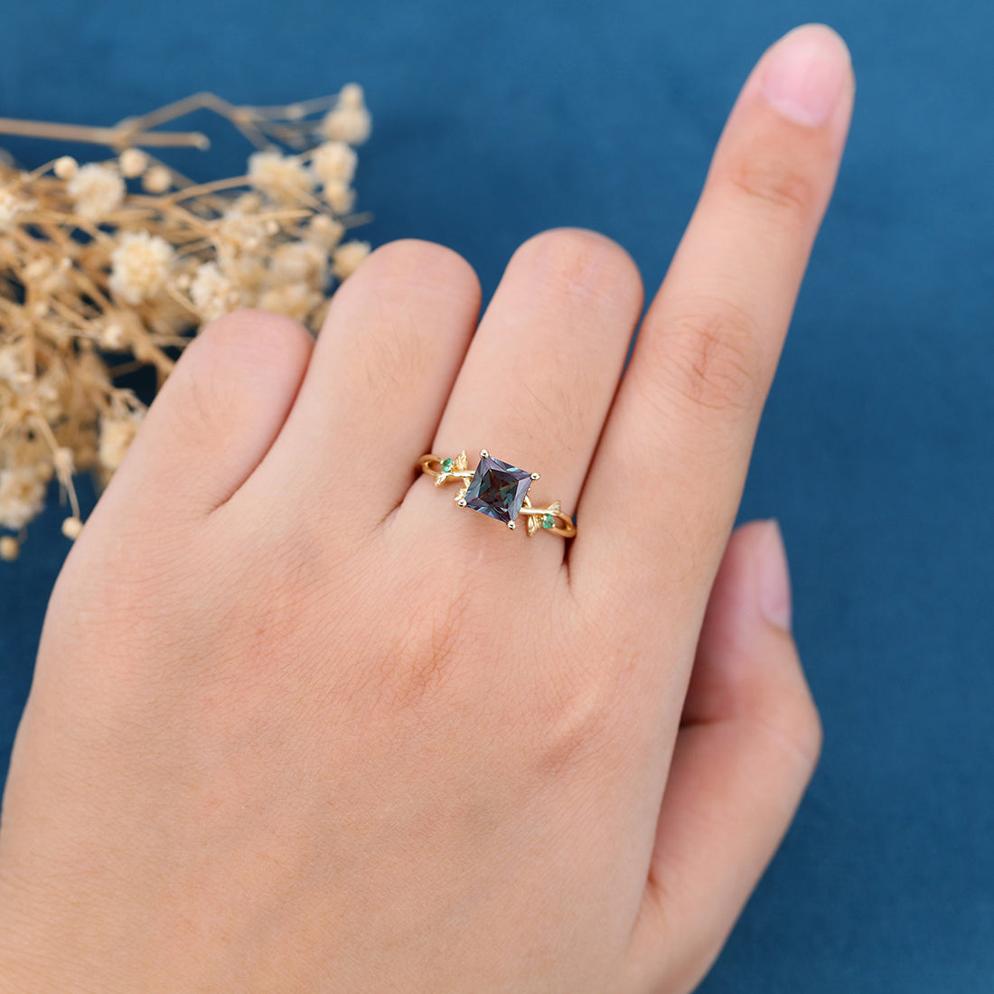 Nature Inspired Princess cut Lab Alexandrite Leaf Gold Engagement Ring