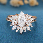 1 Carat Vintage Marquise cut Moissanite Cluster Engagement Ring Set