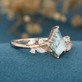 Kite Cut Natural Green Moss Agate Cluster Engagement Ring 