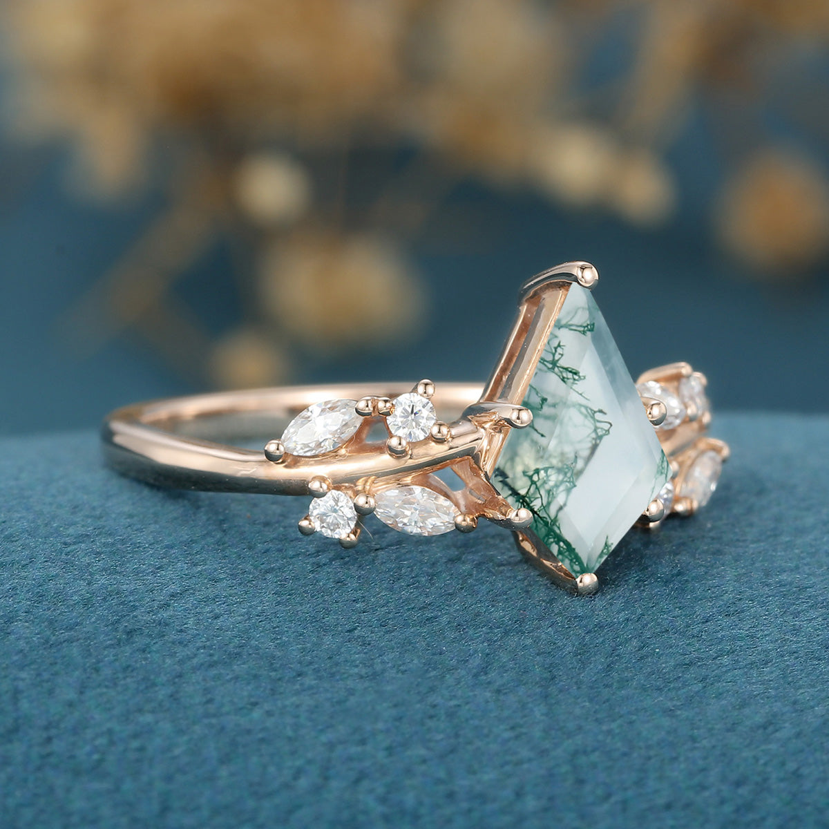 Kite Cut Natural Green Moss Agate Cluster Engagement Ring 