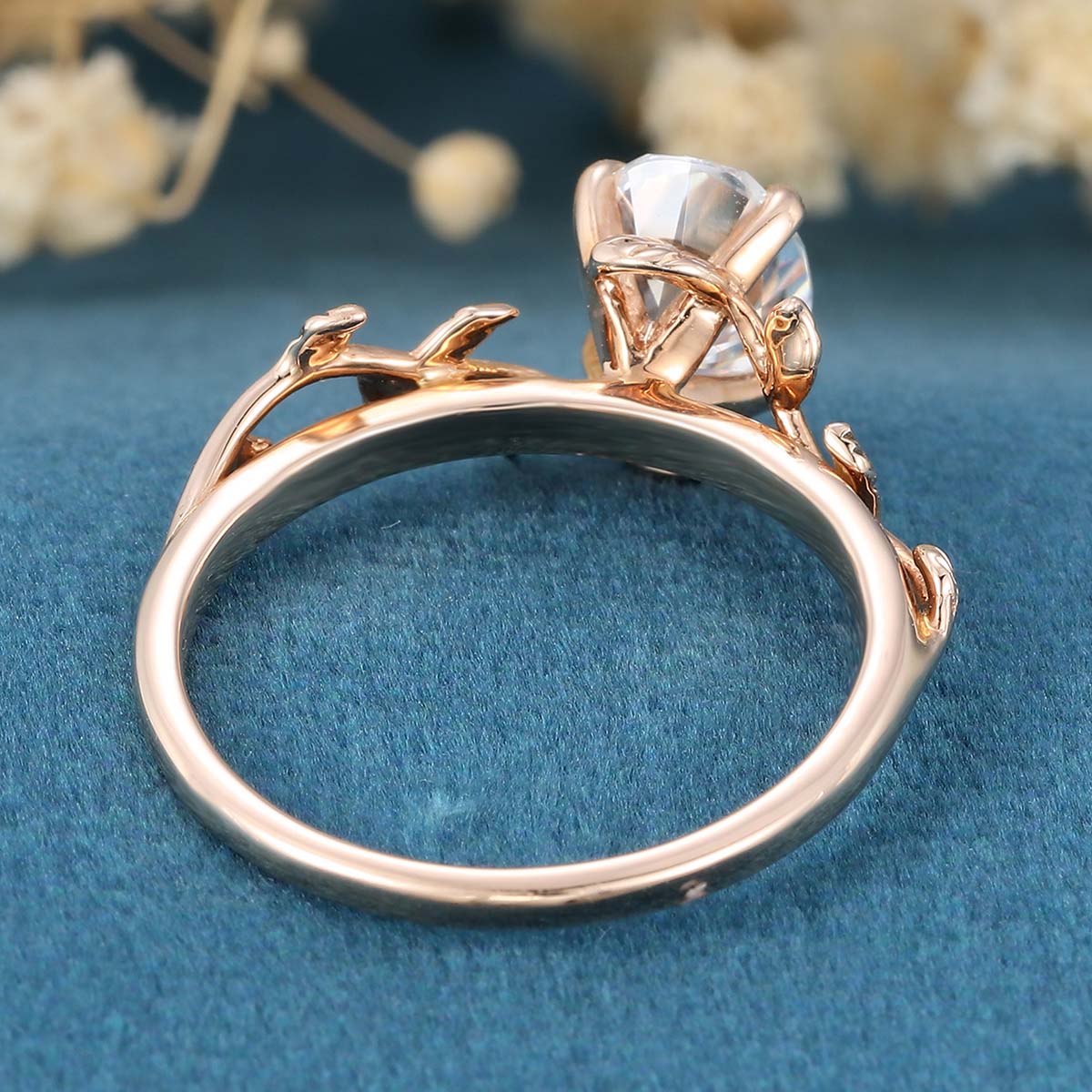 Nature Inspired Oval cut Moissanite Leaf Gold Engagement Ring