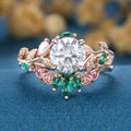 Round cut Moissanite + Pink Sapphire | Lab Emerald Curved Wedding bridal set