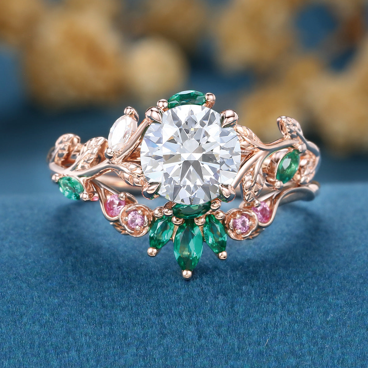 Round cut Moissanite + Pink Sapphire | Lab Emerald Curved Wedding bridal set