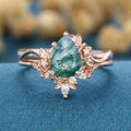 1.2Carat Pear Cut Moss Agate Cluster Engagement ring Bridal Set