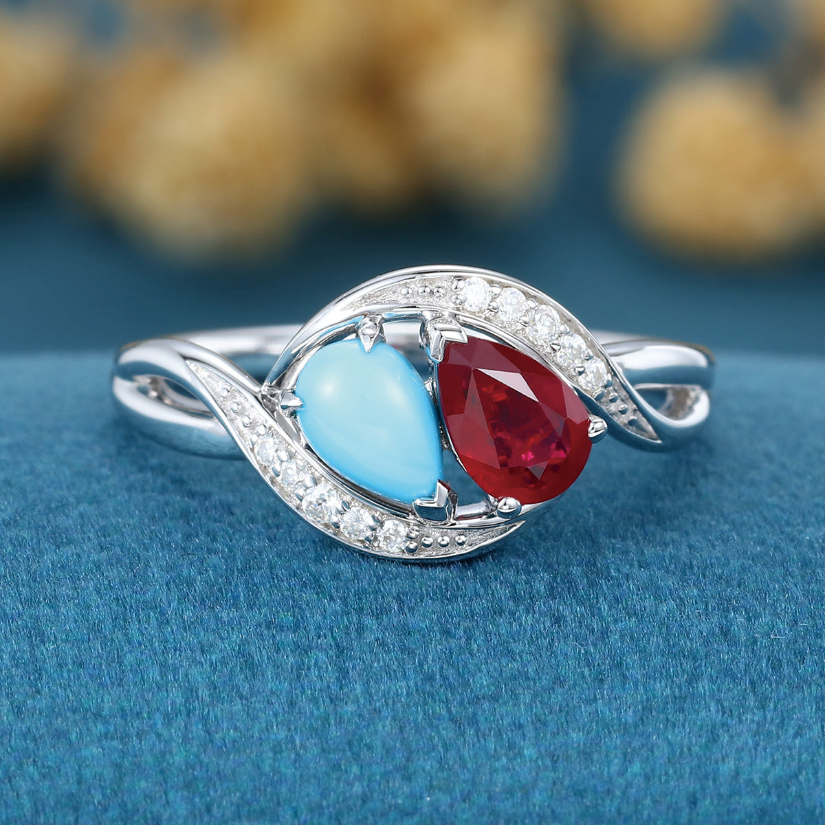 Pear cut Turquoise | Lab grown Ruby Two-Stone White Gold Engagement Ring