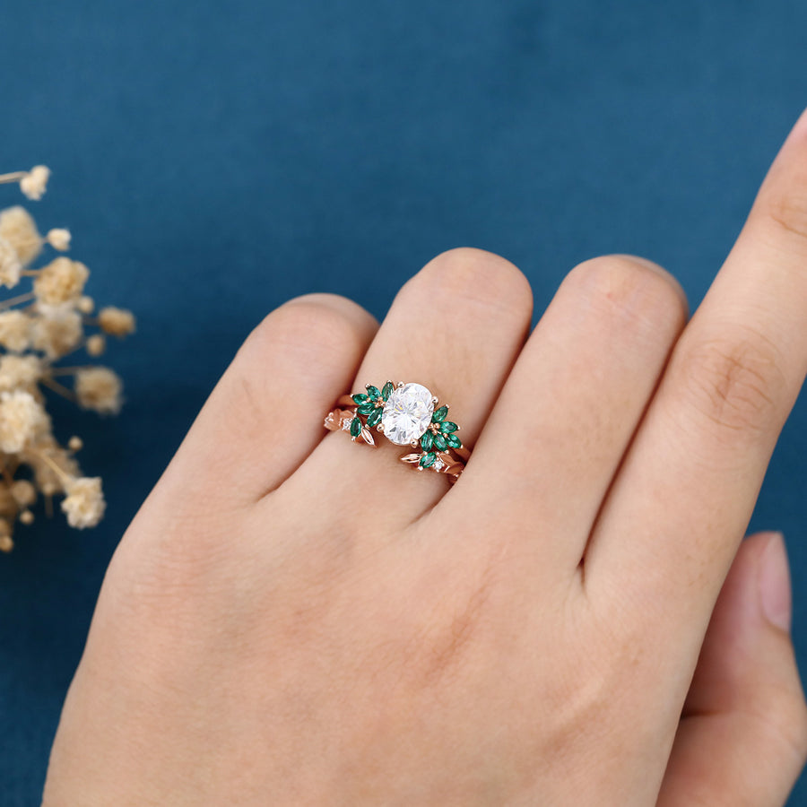 Oval cut Moissanite Rose Gold Matching Diamonds | Lab Grown Emerald Wedding bridal set