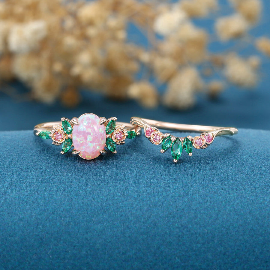 Oval cut Lab Pink Opal Rose Gold Matching Lab Grown Emerald |  Natural Pink Sapphires  Rose Gold Wedding Bridal Set