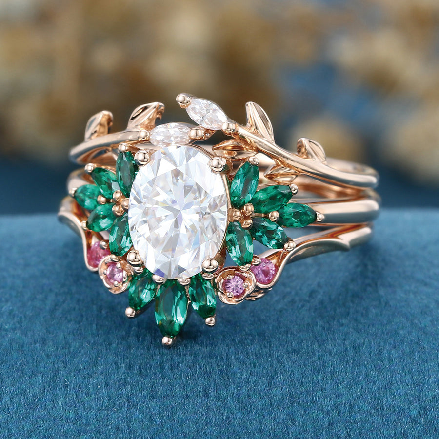 Oval cut Moissanite Matching Diamonds | Lab Grown Emerald |  Natural Pink Sapphires  Rose Gold Wedding Bridal Set