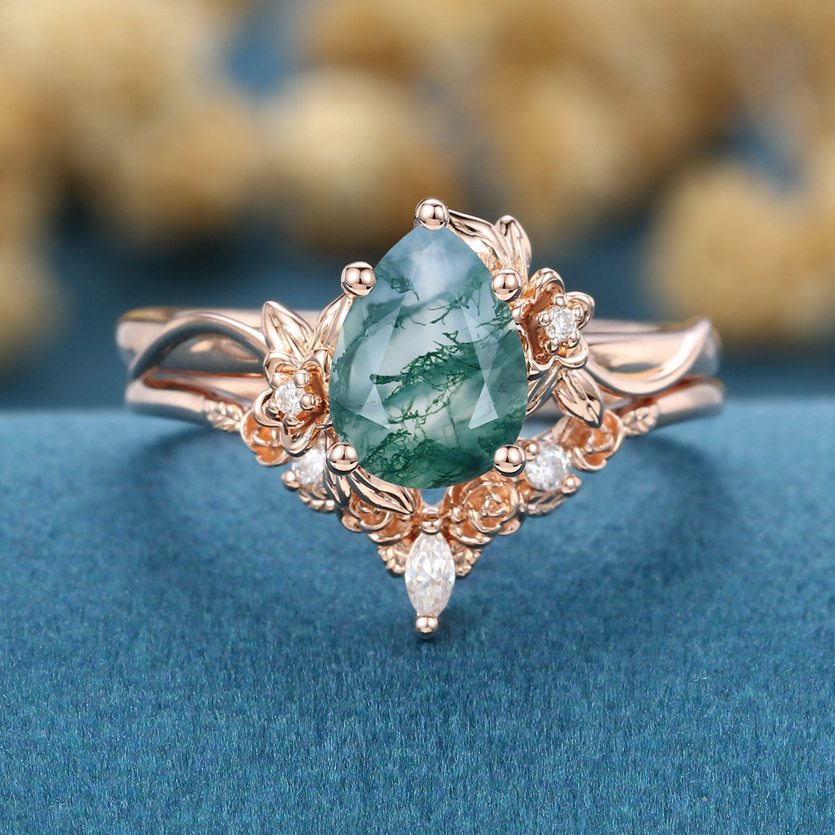 1.2Carat Pear Cut Moss Agate Cluster Engagement ring Bridal Set