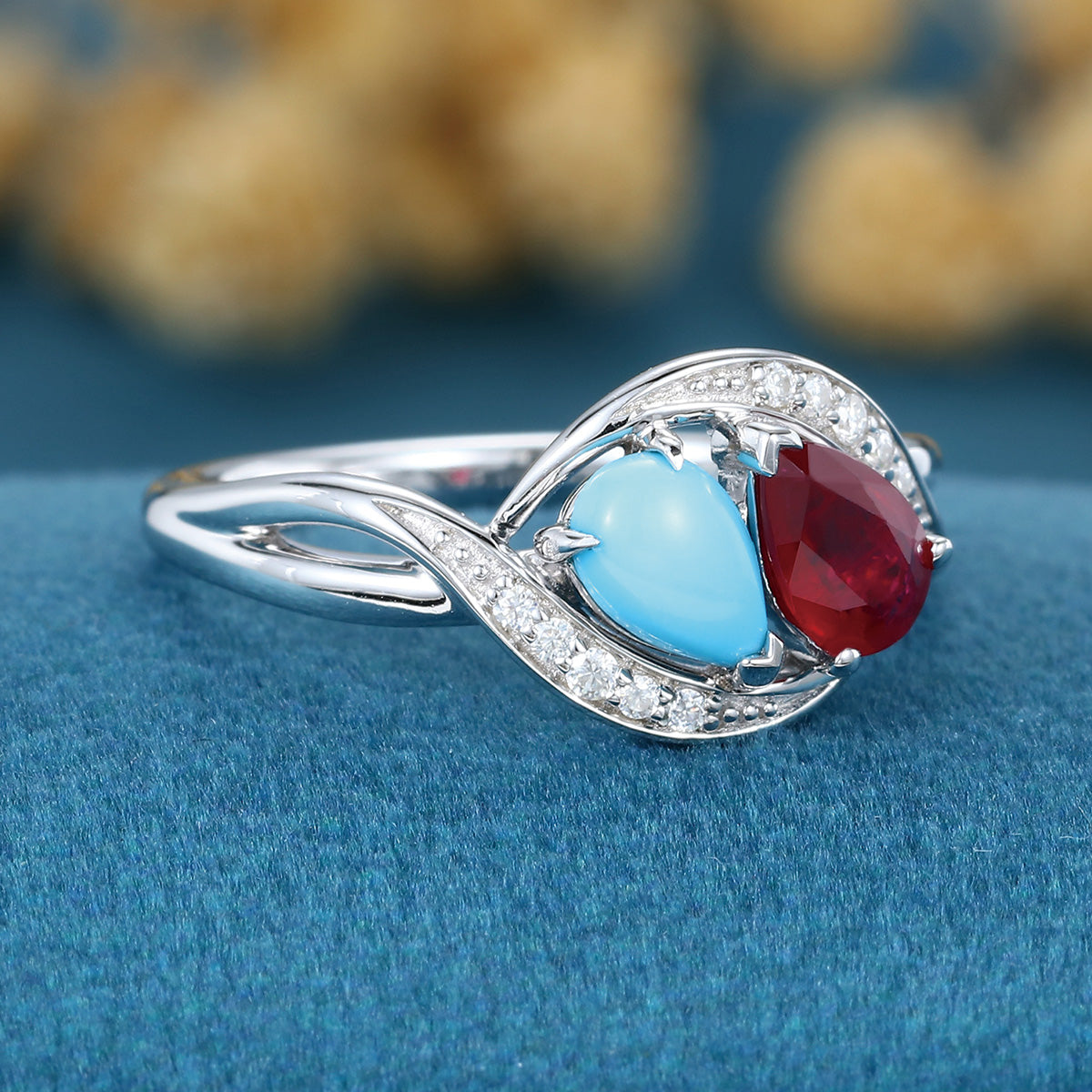 Pear cut Turquoise | Lab grown Ruby Two-Stone White Gold Engagement Ring