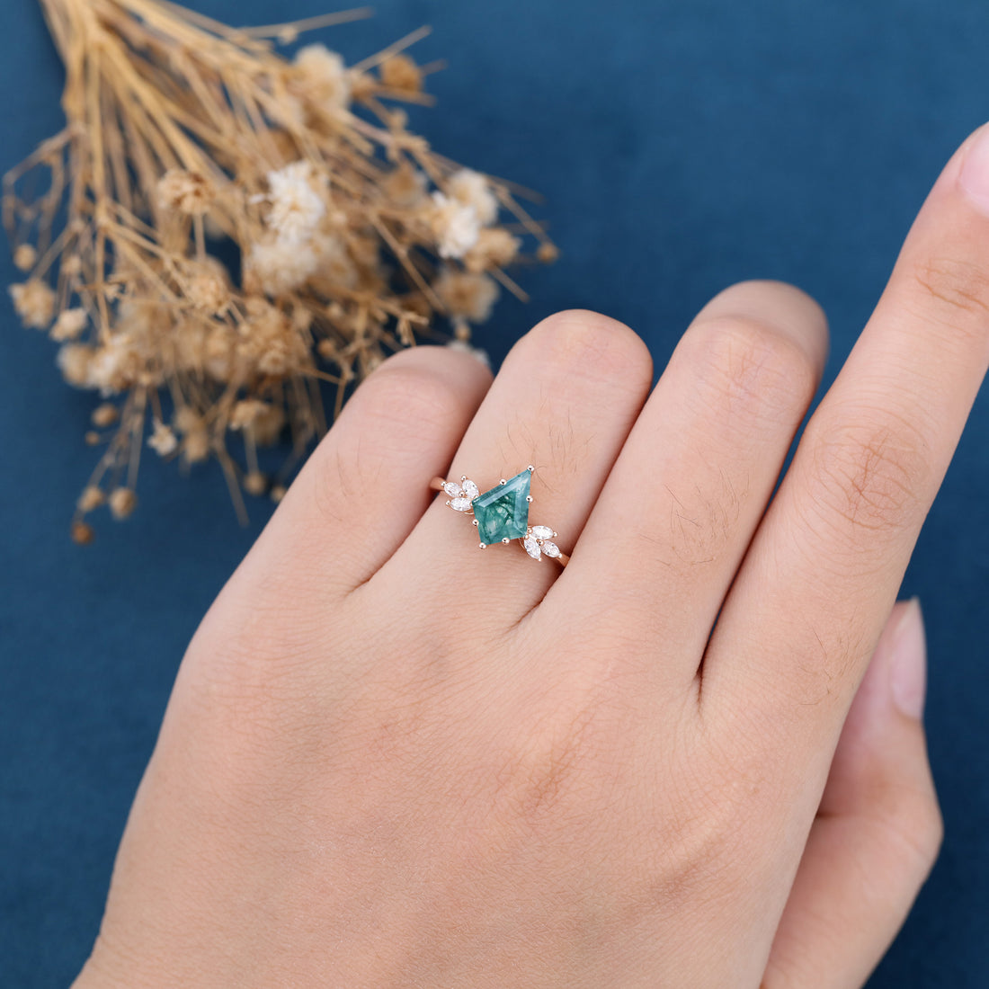 Kite Cut Natural Green Moss Agate Cluster Engagement Ring