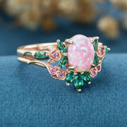 Oval cut Lab Pink Opal Rose Gold Matching Lab Grown Emerald |  Natural Pink Sapphires  Rose Gold Wedding Bridal Set