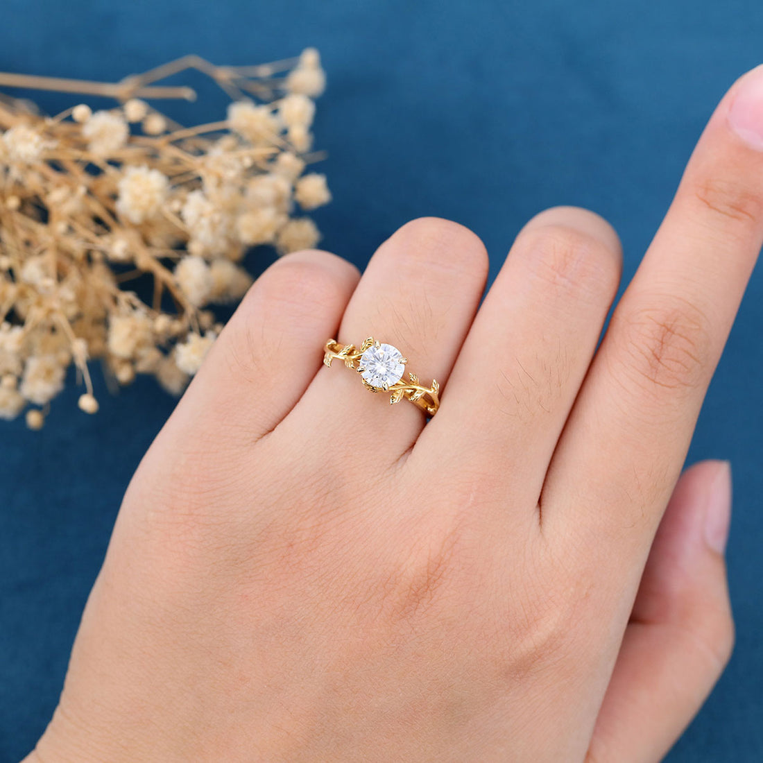 Nature Inspired Round cut Moissanite Leaf Gold Engagement Ring