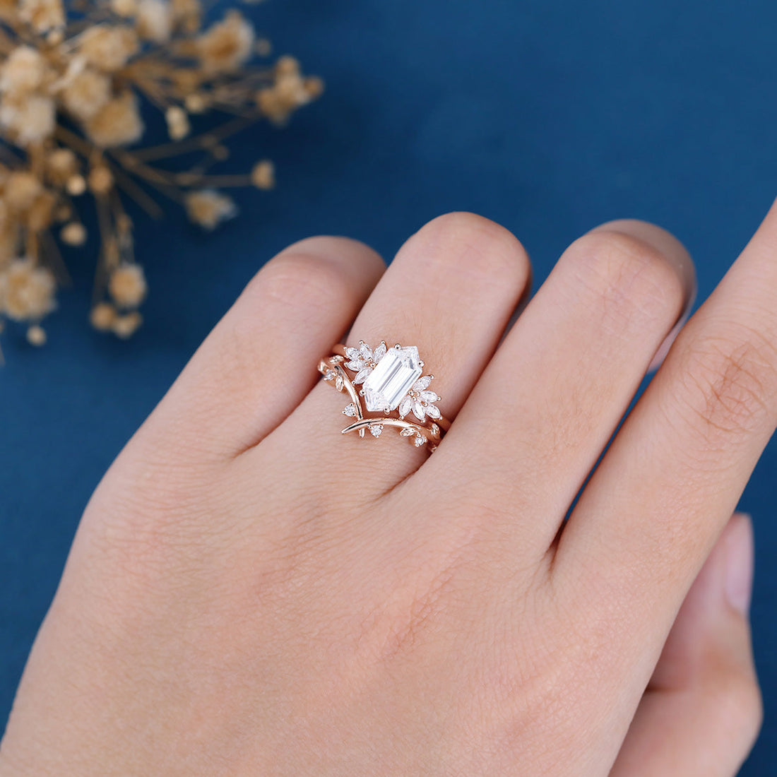 Long Hexagon cut Lab-Grown Diamond Wedding Bridal Set