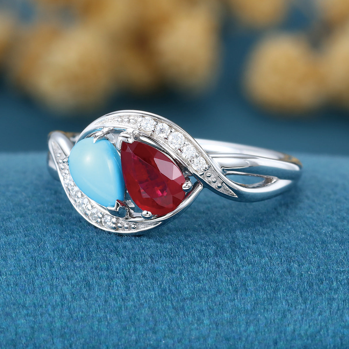Pear cut Turquoise | Lab grown Ruby Two-Stone White Gold Engagement Ring