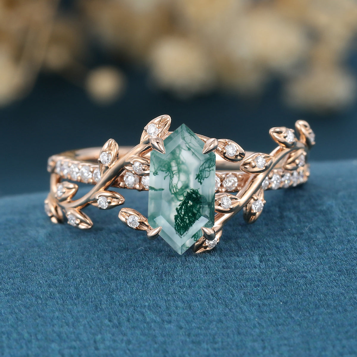 Nature Inspired Long Hexagon cut Moss Agate Leaf Gold Engagement Ring