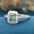 Emerald Cut Green Moissanite Rose Gold Halo Ring Half Eternity Moissanite Engagement Ring