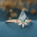 Kite Cut Natural Green Moss Agate Cluster Engagement Ring 