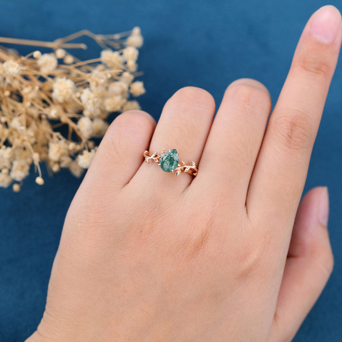 Nature Inspired Pear cut Moss Agate Leaf Gold Engagement Ring