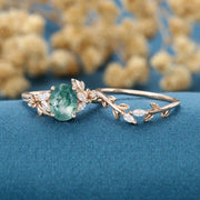 Nature Inspired Oval cut Moss Agate Leaf Gold Ring set (Copy)