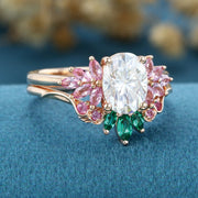 Oval cut Moissanite Matching Diamonds | Lab Grown Emerald |  Natural Pink Sapphires  Rose Gold Wedding Bridal Set