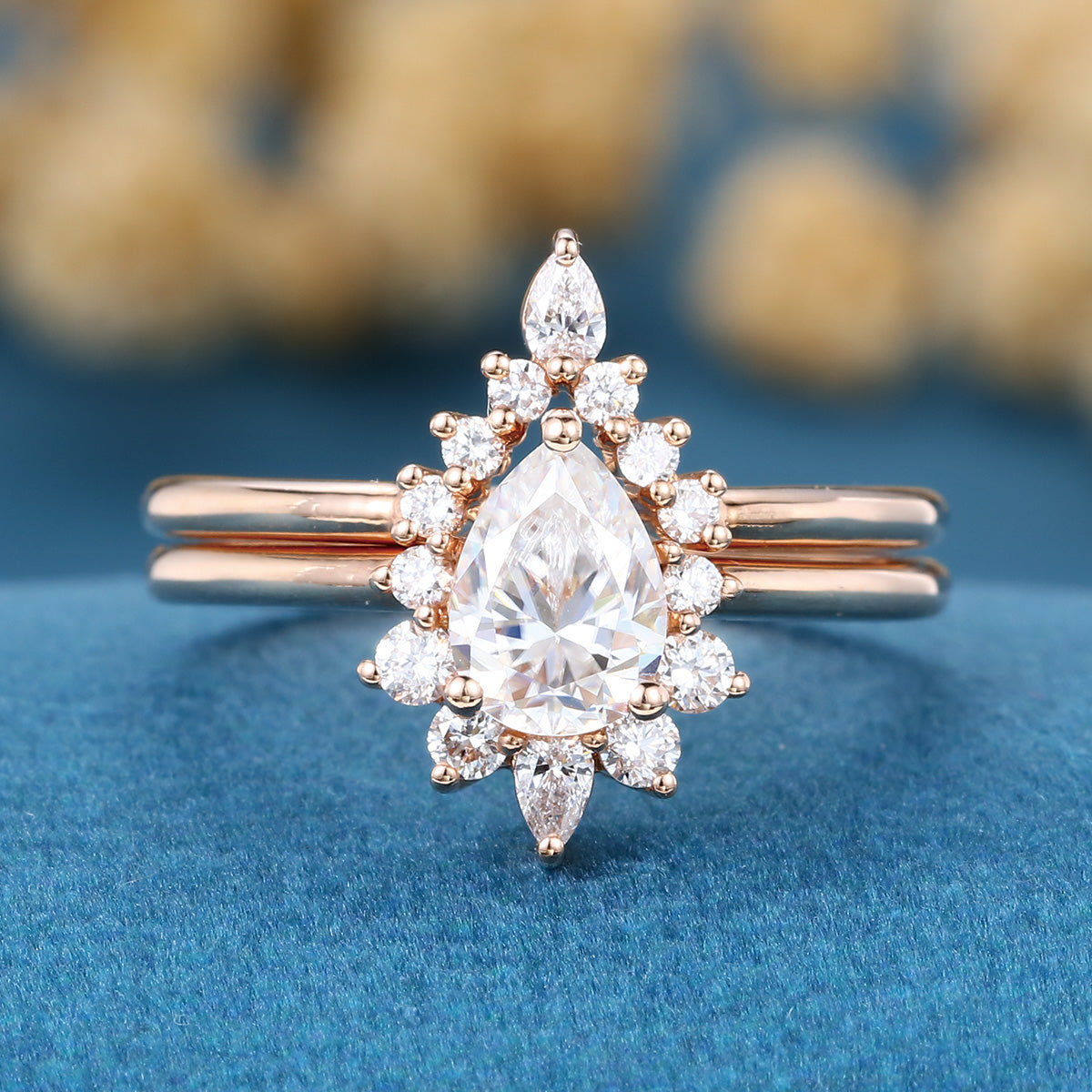 Pear cut Halo Engagement ring Bridal Set