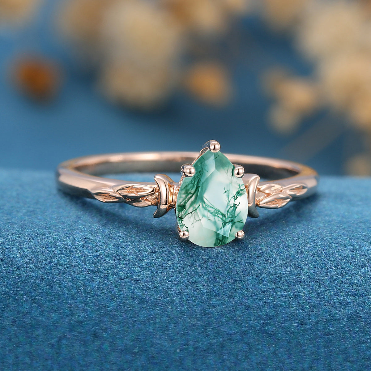 Pear Cut Natural Green Moss Agate Cluster Engagement Ring 