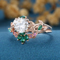 Round cut Moissanite + Pink Sapphire | Lab Emerald Curved Wedding bridal set