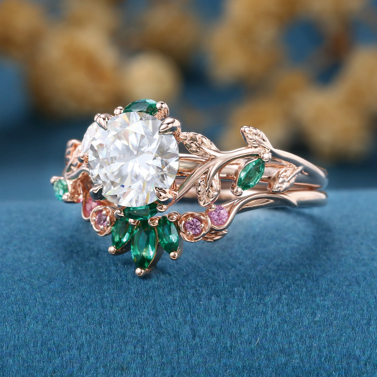 Round cut Moissanite + Pink Sapphire | Lab Emerald Curved Wedding bridal set