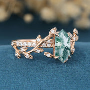 Nature Inspired Long Hexagon cut Moss Agate Leaf Gold Engagement Ring