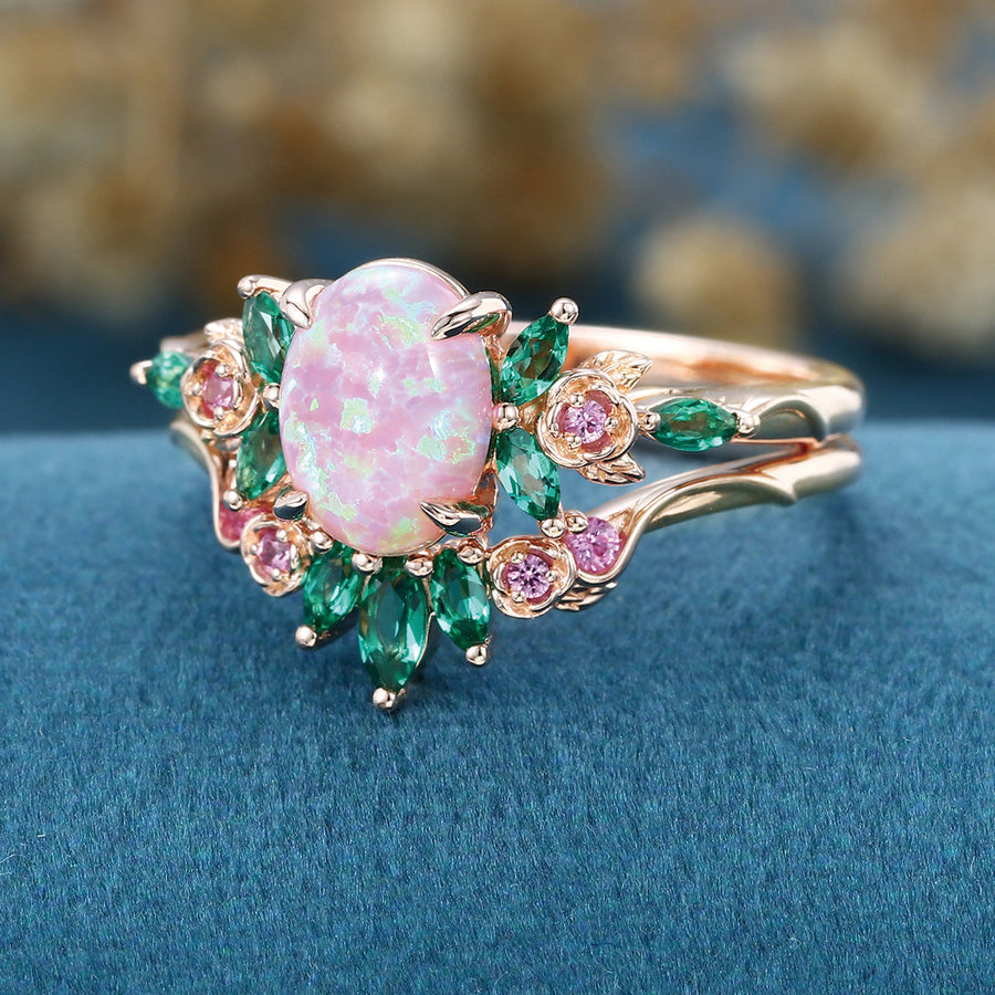 Oval cut Lab Pink Opal Rose Gold Matching Lab Grown Emerald |  Natural Pink Sapphires  Rose Gold Wedding Bridal Set