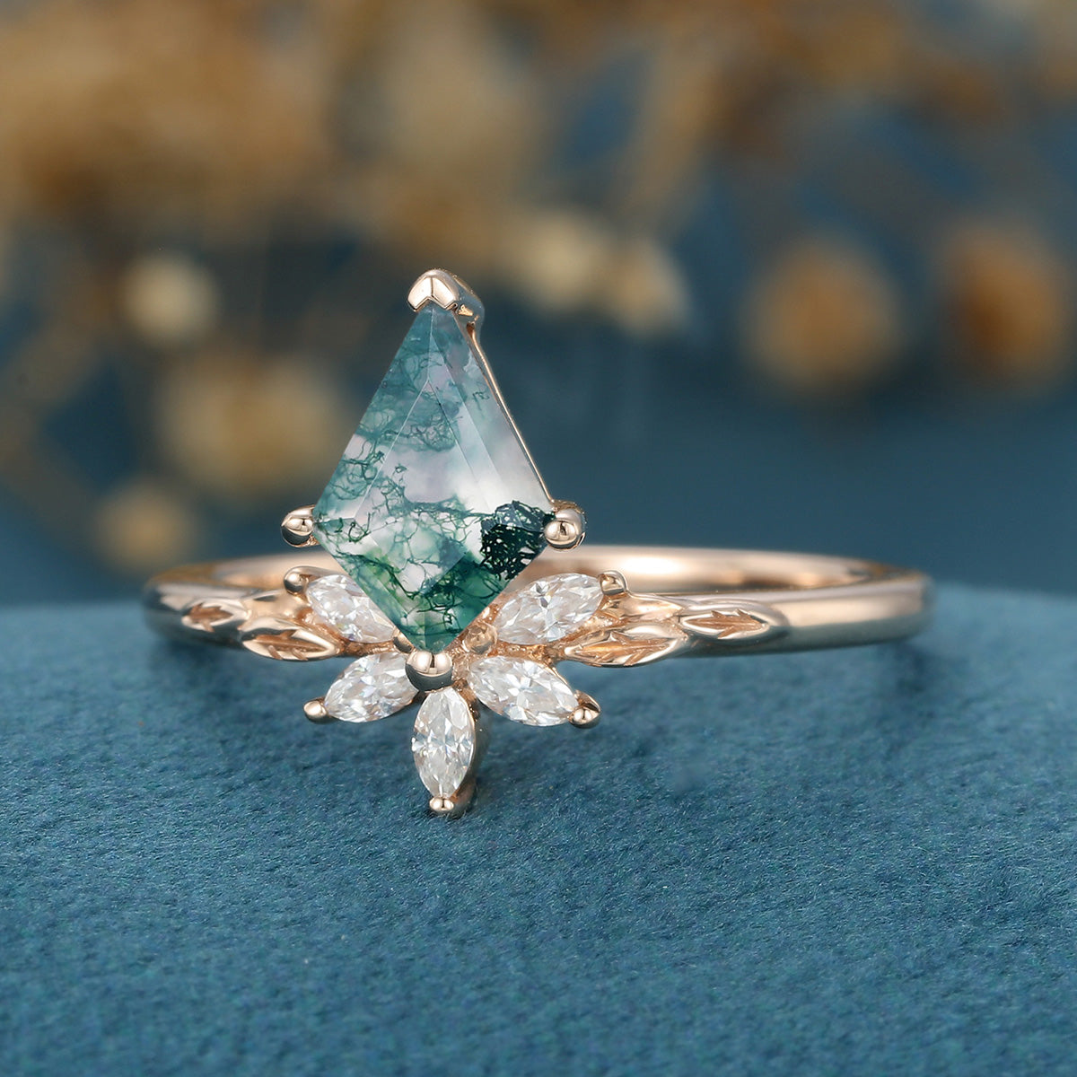 Kite Cut Natural Green Moss Agate Cluster Engagement Ring 