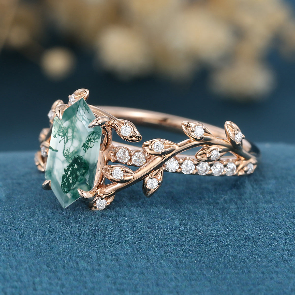 Nature Inspired Long Hexagon cut Moss Agate Leaf Gold Engagement Ring